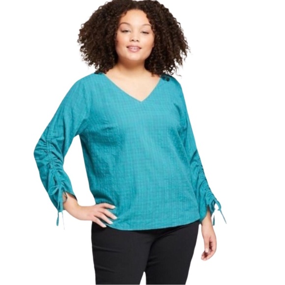 AVA + VIV Ruched Sleeve Turquoise Top - Picture 1 of 7